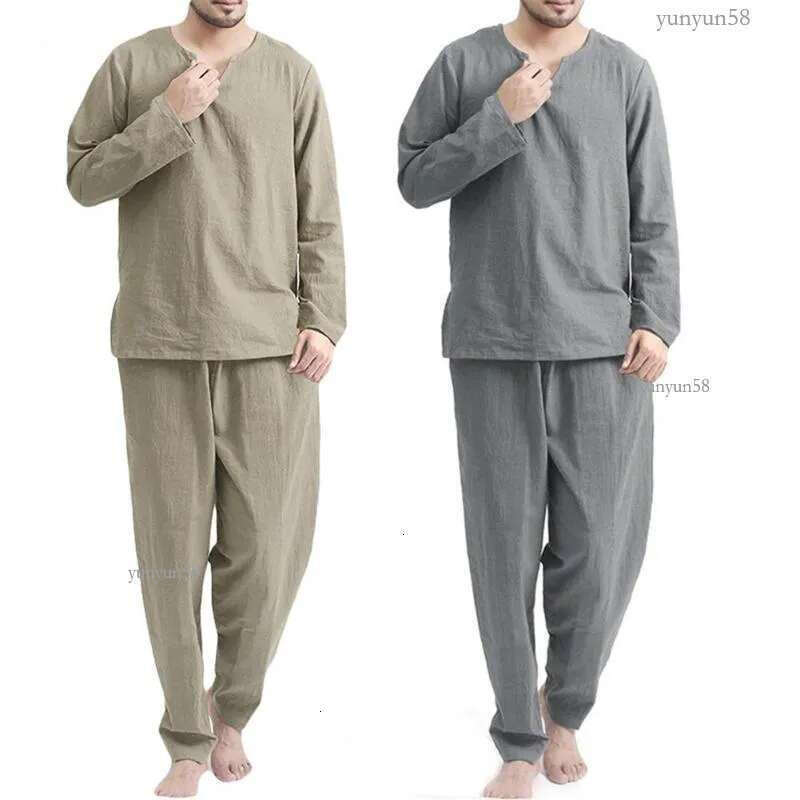 Sleepwear Plus Men's Size Men Pajama Set Solid Color Autumn Winter Long Sleeve Tops Loose V Neck Casual Male Pajamas Suit Sl