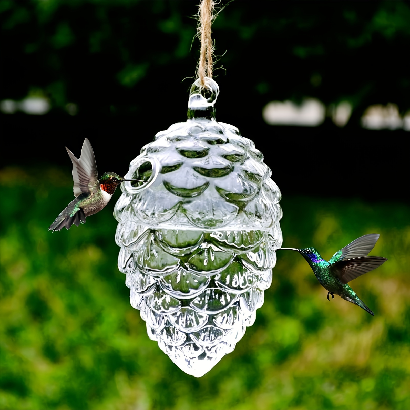 Attractive Outdoor Birdwatering Station: Ornamental Glass Hummingbird Bottle Emulating Nature's Beauty