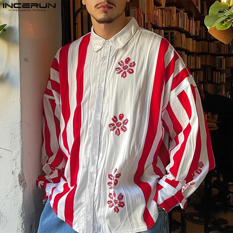 American Fashion Long Sleeve Shirts INCERUN Lapel Collar Floral Printing Stripe Splicing Tops Handsome Commuting Blouses 250227