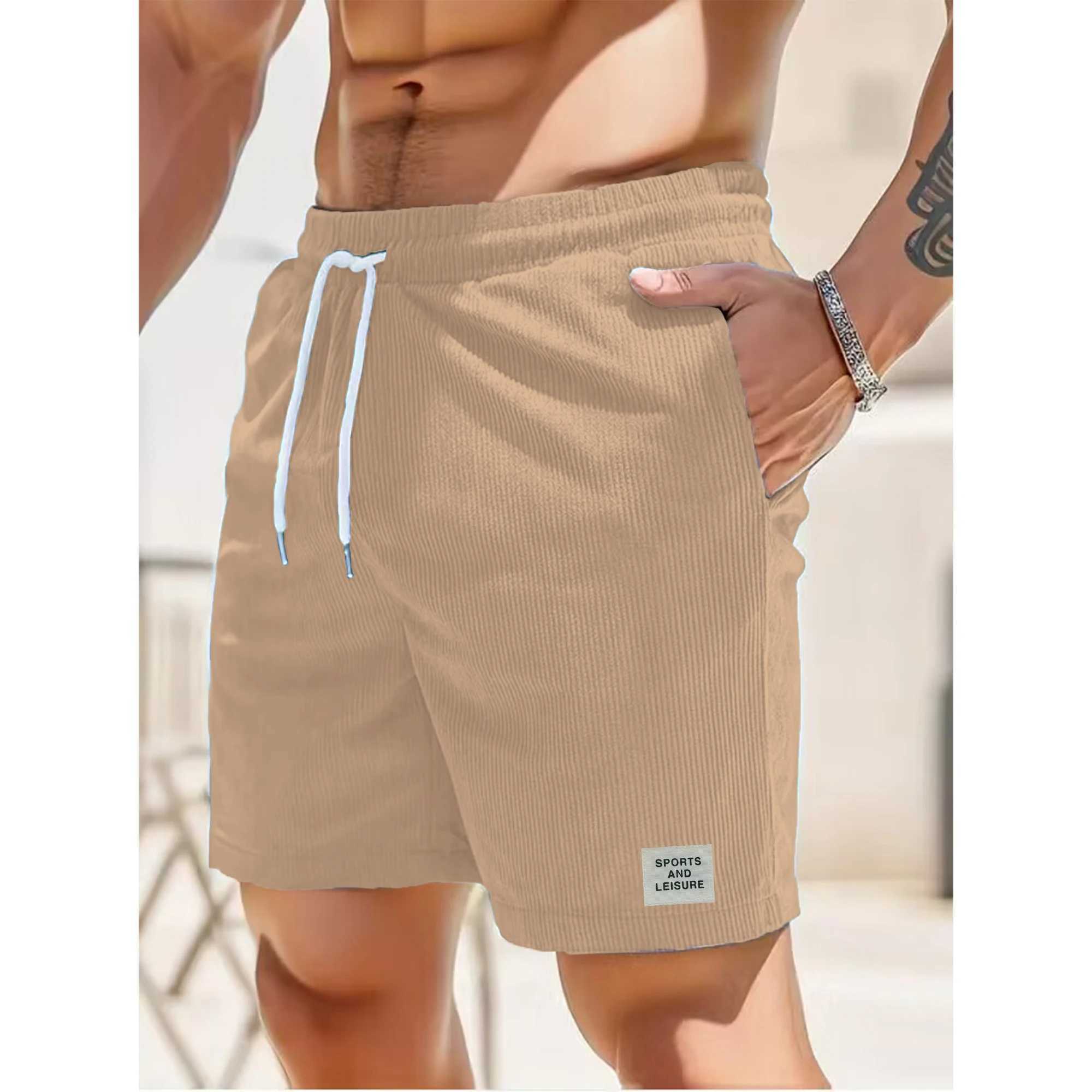 Summer new solid color lace-up sweatpants corduroy simple quarter shorts mens shorts casual pantsT250304