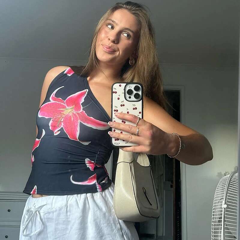 Print CUTENOVA ral Fitted Tops Women Resort Wear Graphic Tees Summer 2025 Casual One Shoulder Slash Backless Tank Top