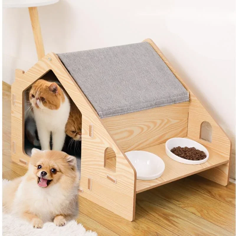 Enclosed Solid Wood Cat Nest Detachable Pet Villa Tip-Proof Cat Shelter Year-Round Comfortable Nest for Cats and Pets