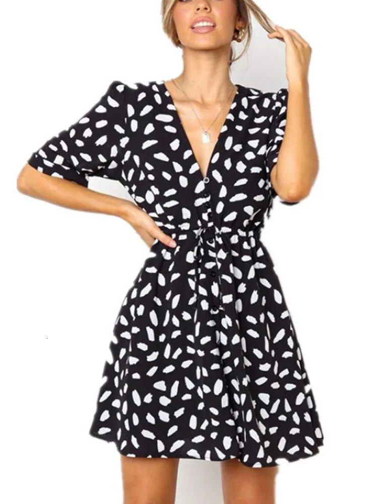 White Sand Spot Mini Summer Dresse V Neck Casual Beach Sundress Sexy Botton Wrap Bodycon Dress Female 250227Z