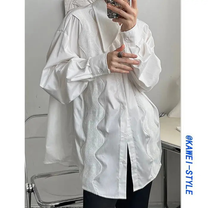 Spring and Autumn White Shirt for Men French Wave Embroidered Long Sleeve Blouse Men Loose Casual Polo Collar Top Men Clothes 250304