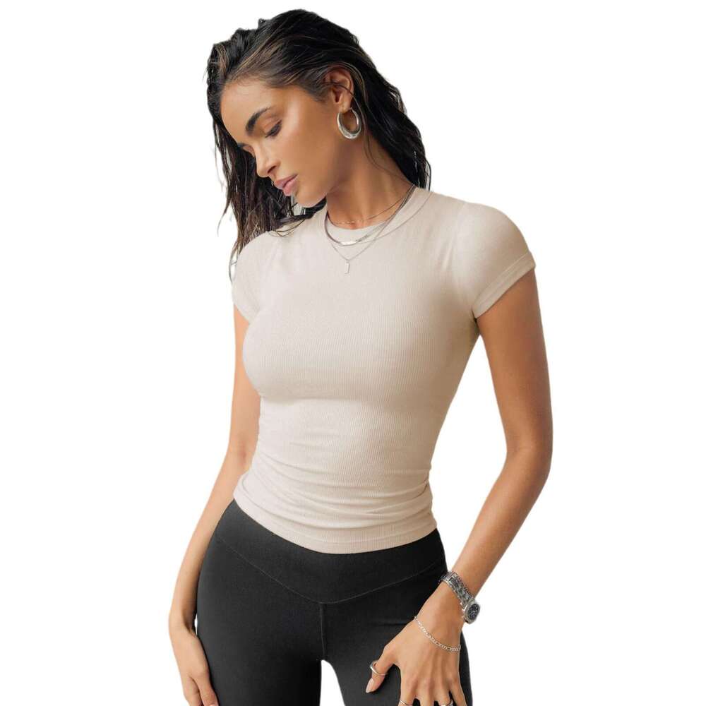Y2K clothing spring and autumn women's threaded slim fit spicy girl top solid color sports short sleeved T-shirt