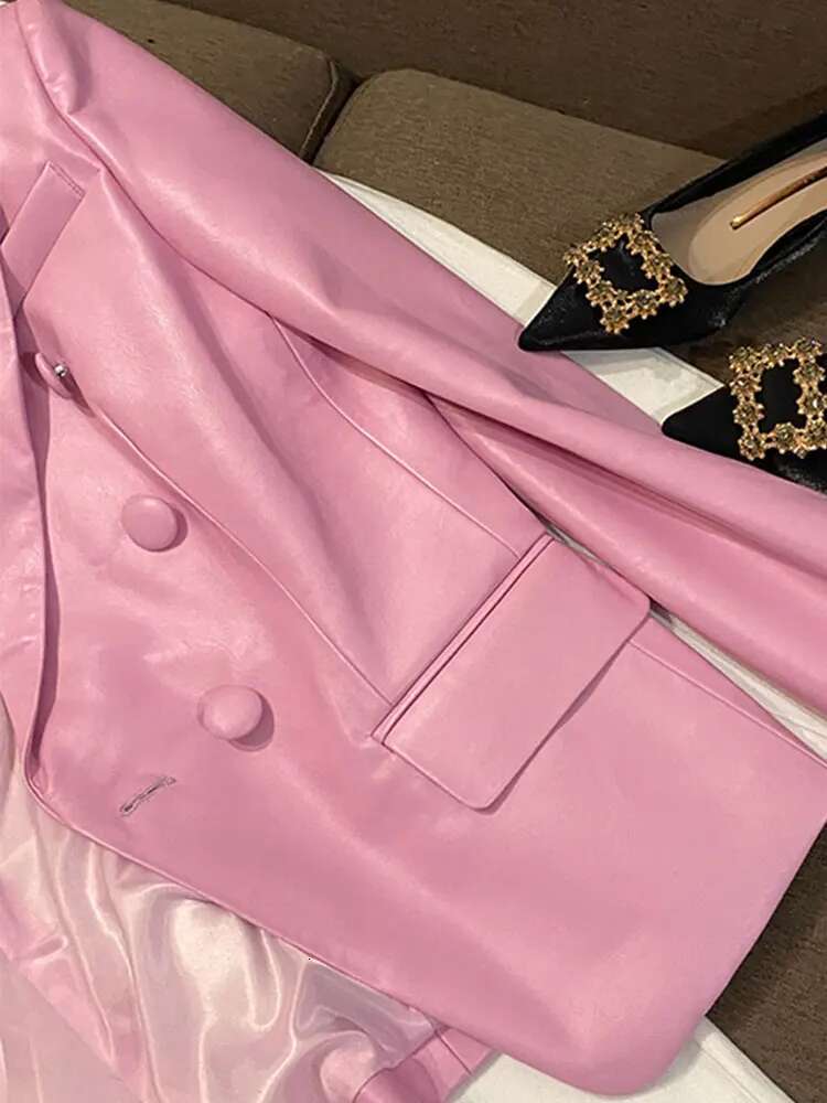 Spring Stylish Short Pink Soft Pu Leather Blazer Long Sleeve Slim Fit Jackets For Women Elegant Fashion 5Xl