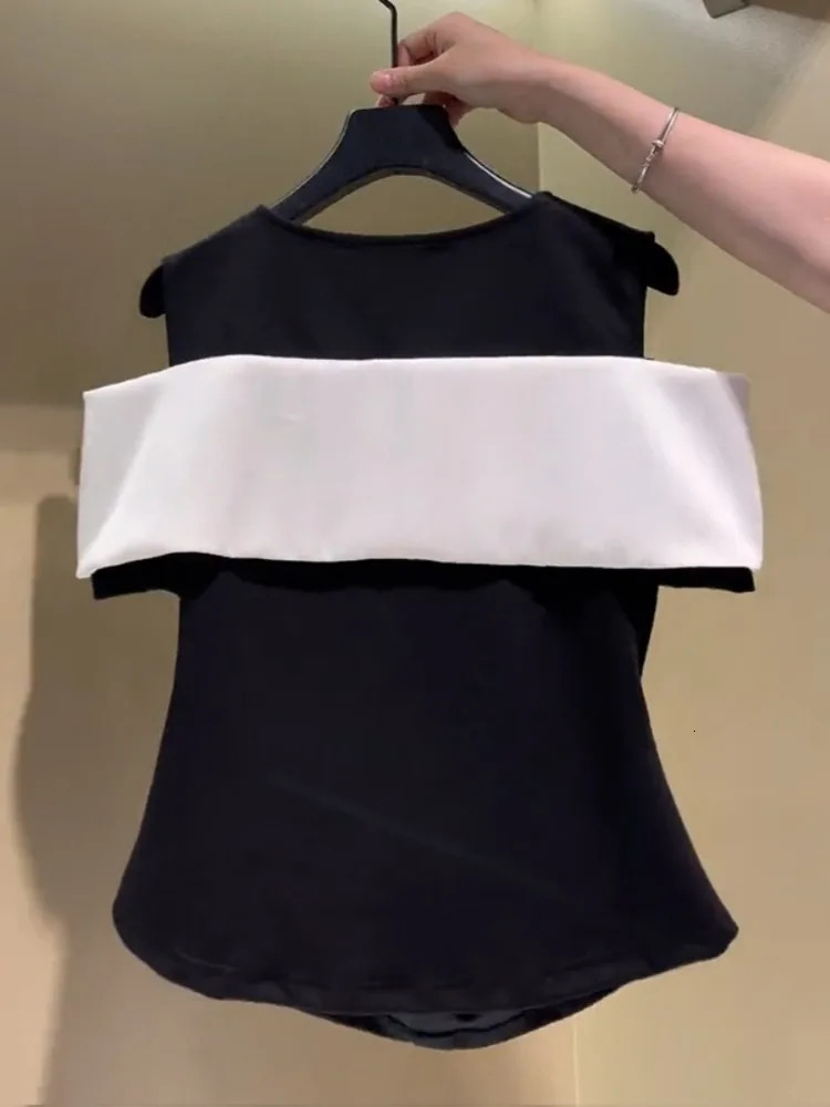 2025 Shirts for Women Contrast Color Bow Tshirt Fashion Diamond Y2K Tops T-shirts Ropa Mujer Korean Off Shoulder Summer Tees 250304