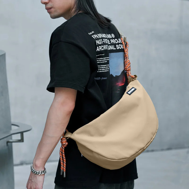 Premium Waterproof Men Cross Body Bag Tassels Taping Women Moon Bag 12.9 inch iPad Zipper Ultralight Hobo Sling Bag for Men 250303