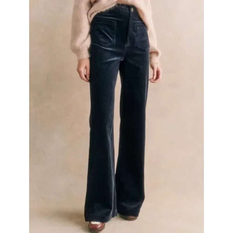 Women 2025 High-Waisted Double Pocket Corduroy Micro-Flared Wide-Leg Casual Pants