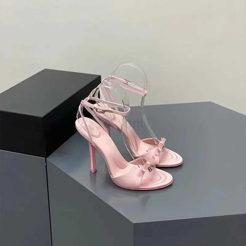 New Summer Bow Satin H Feminine Rhine Letters Stiletto H Open-toe Sandals Black wens shoes sandals Z250304