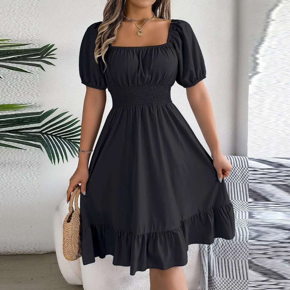Elegant Women Spring Summer Puff Sleeve A e Vestidos Square Neck Tie Waist Ruched Casual Solid Long Dress
