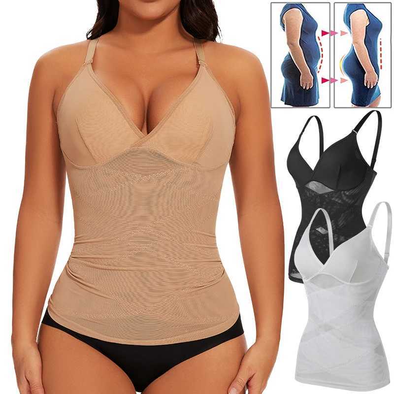 Women Built in bra Shapewear V-Neck Camisole Belly Cross Shaping Tummy Control Body Shaper Tops Underwear Compression CorsetXJ250304
