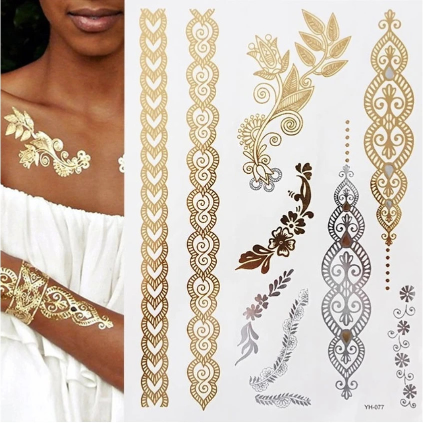 Flash Metallic Waterproof Temporary Tattoo Gold Silver Women Henna Mandala Flower Lace Taty Indian Arabic Sticker 250219