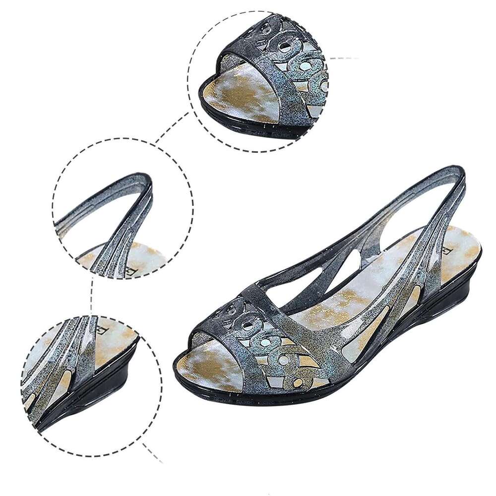 Sandals Women Hot Slip On Strap Fish Peep Toe Crystal Wedge Heel Slippers Shallow Mouth Back Cutout Holiday Shoes