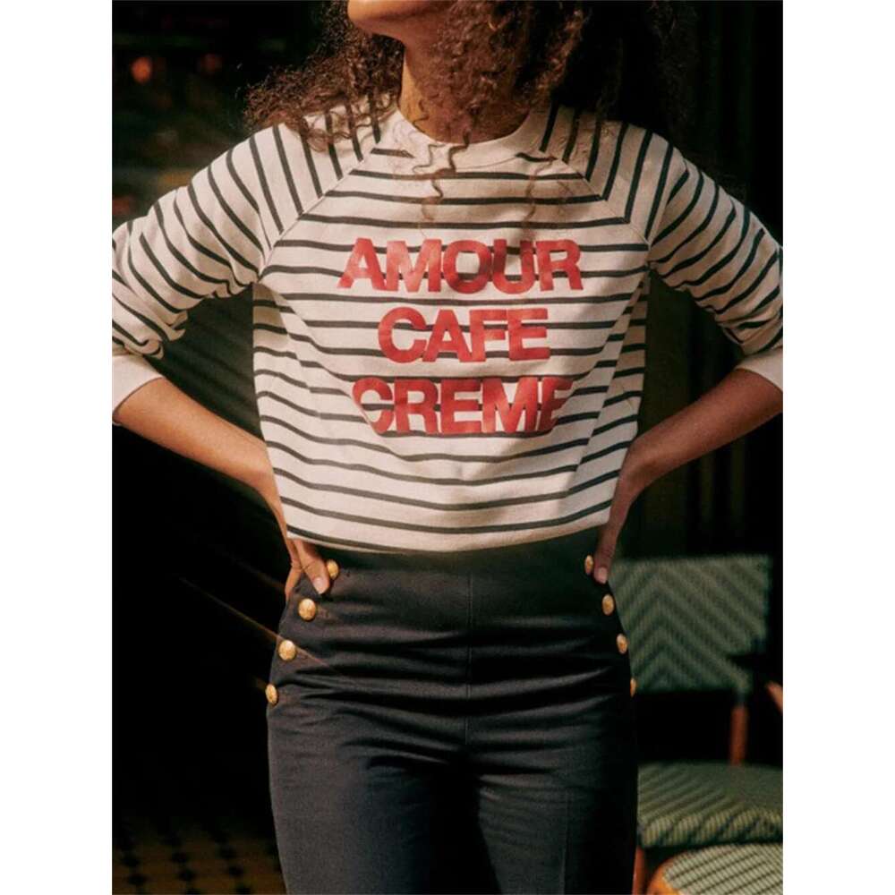 Cotton Sweatshirt Women's Letter Stripes Print Top 2025 New O-Neck Long Sleeve Female Loose Pullover Early Spring