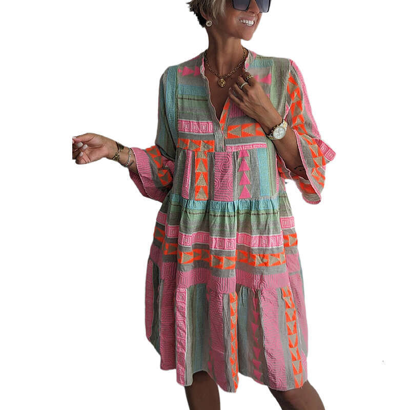 Women's European American autumn print V-neck seven quarter sleeve dress 2025 new style chic and elegant clothing