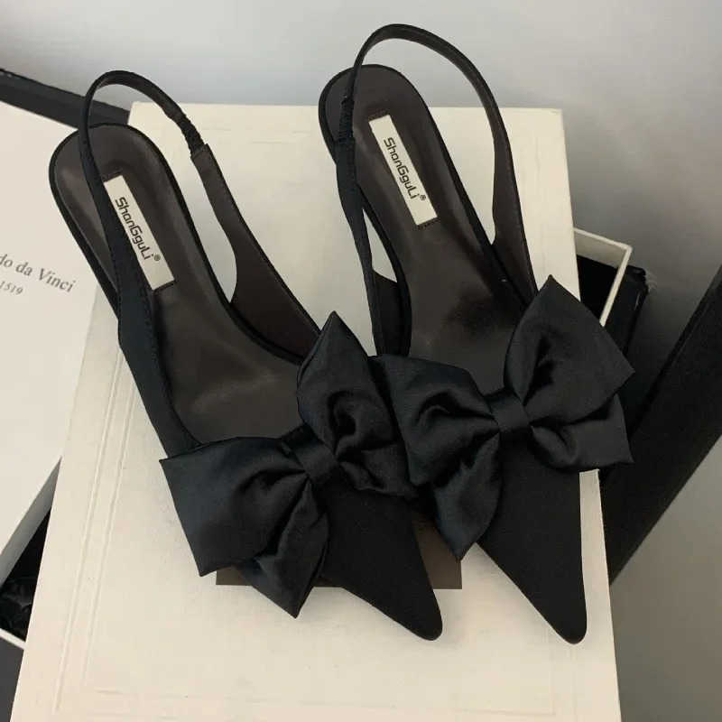Designer Bow Slingback Sandals Wen Summer New Fi Pointed Toe High H Fem Hollow Elegant Dress Shoes Wen Pumps Z250304
