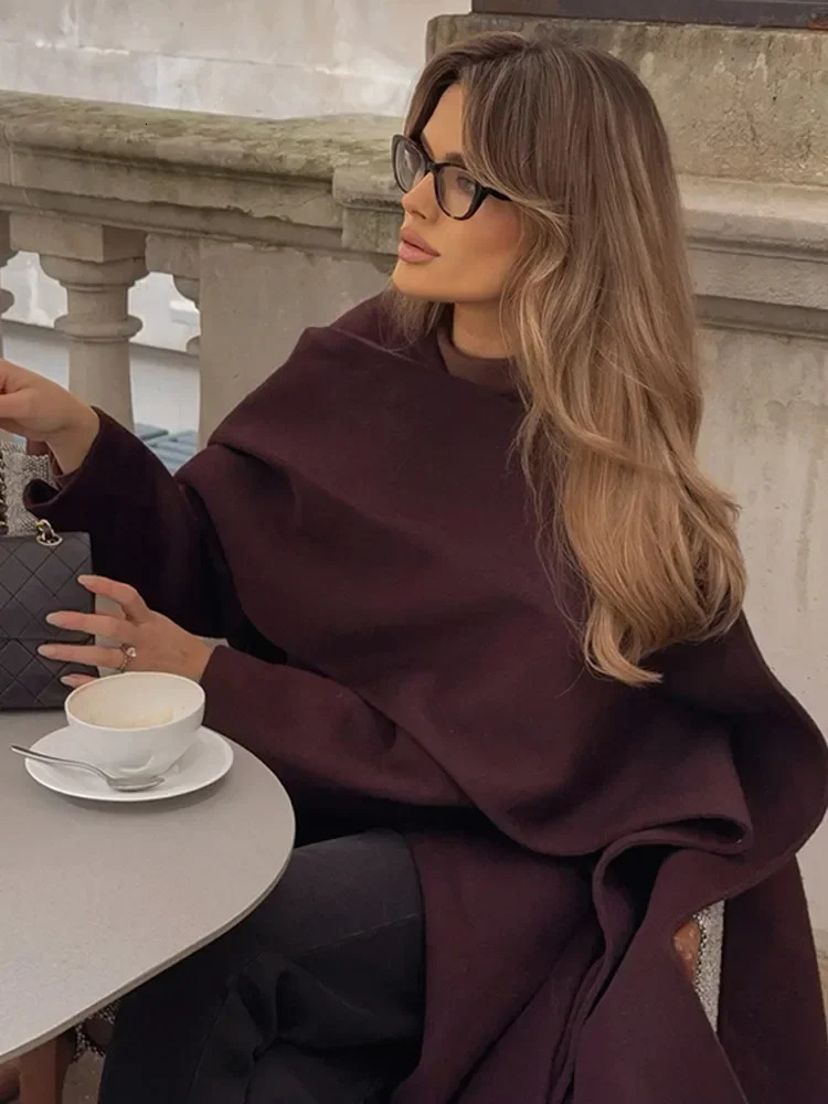 Fashion Burgundy Long Sleeve Scarf Collar Women Overcoat Elegant Solid Lace Up Loose Woolen Jacket 2024 Lady Chic Streetwear 250225