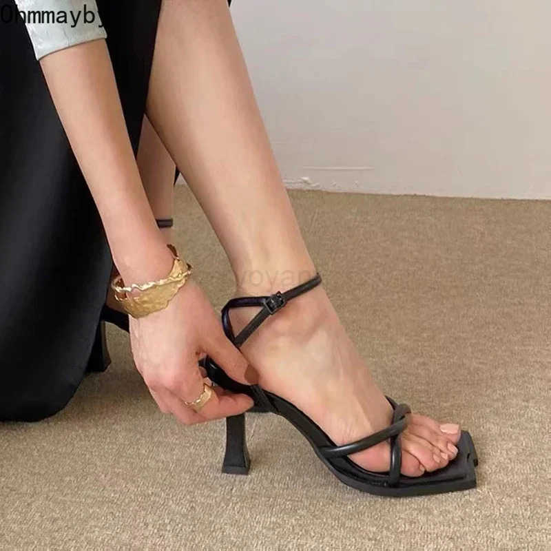 2025 Summer Narrow Band Heel Sandals Wen Thick Heel 7 CM Ankle Strap Fi Square Toe Ladies Dress Sandalias Wens shoes Z250304