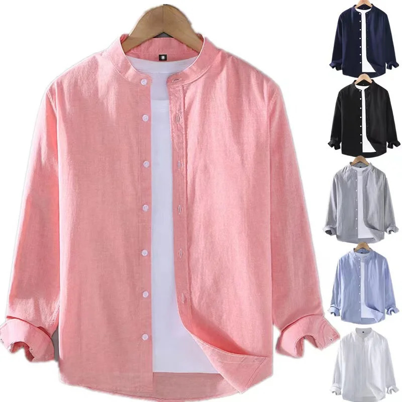 Linen Shirt Stand Collar Long Sleeve Henley White Black Soft Comfortable Simple Spring Summer Mens Shirt Solid Color 250227