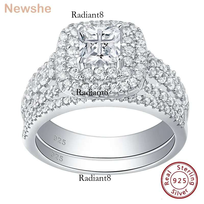 Newshe Sterg Sier Halo Wedding Ring Set for Women Elegant Jewelry Princess Cross Cut Simulated Dia Rings