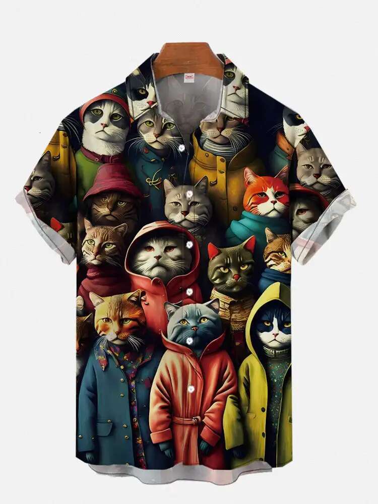 Men's Designer Shirt Summer New Cute Cat Print Casual Shirt Daily Wear 3D Printed Classic Short Sleeved Fashionable Hawaiian Shirt Men's Bea
