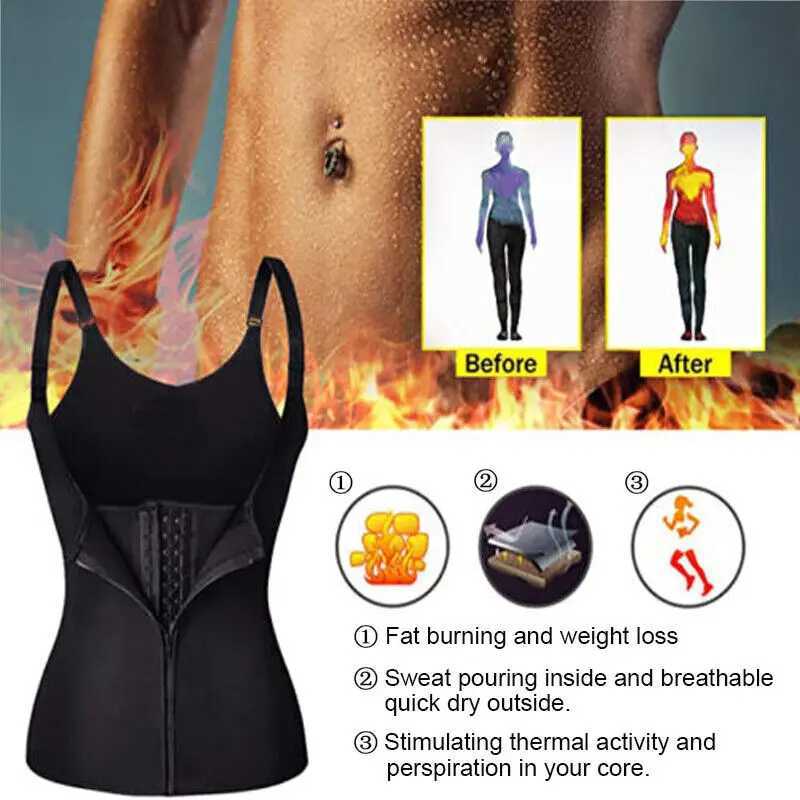 Womens Waist Trainer Sauna Sweat Vest Corset Body Shaper Neoprene Shapewear Gym Workout Tank Top Black Slimming Top with ZipperXJ250304