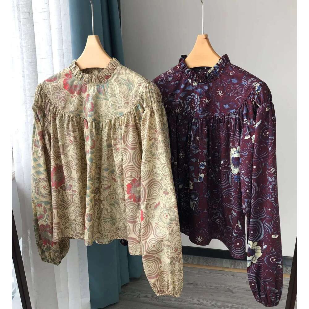 2025 Autumn New Women Artistic Oil Painting Printing Big Lantern Sleeve Round Neck Blouse Shirring Long-Sleeved Shirt