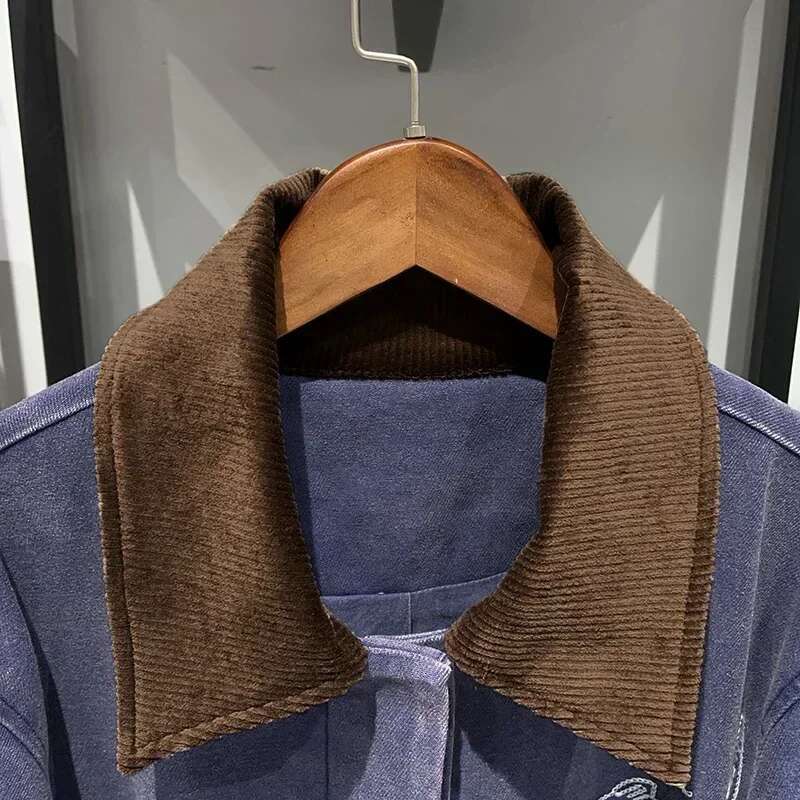 Women 2025 Autumn And Winter Washed Distressed Animal Embroidery Contrast Color Corduroy Lapel Long Jacket