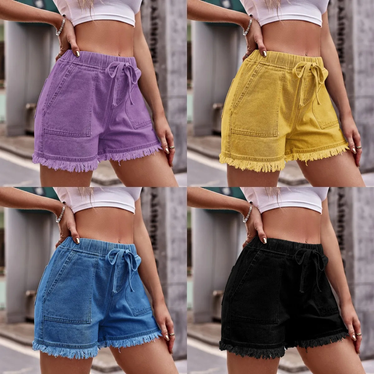 Summer Women Elastic Waist Drawstring Denim Shorts Fashion Casual Raw Edge Jeans Shorts Multicolor Sexy Female Shorts 250303