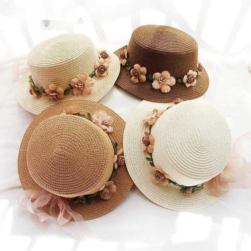 New Parent-child Summer New Womens Sun Hat Bucket c beige lace Bowknot Flowers Ribbon Flat top Str Hat Beach Cs PanamaXJ250304