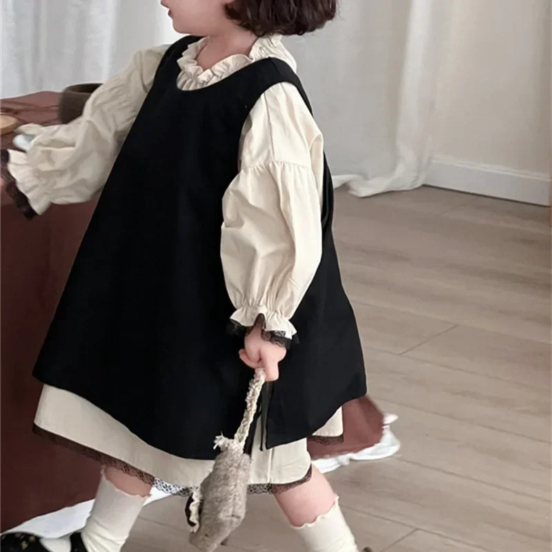 4768 Children Dress Set Autumn Korean Retro Girls Lace Skirt 2piece 250303