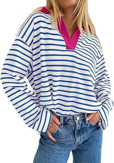 European American autumn and winter striped V-neck contrasting loose long sleeved sweatshirt jacket 2025 new casual versatile fashion clothing