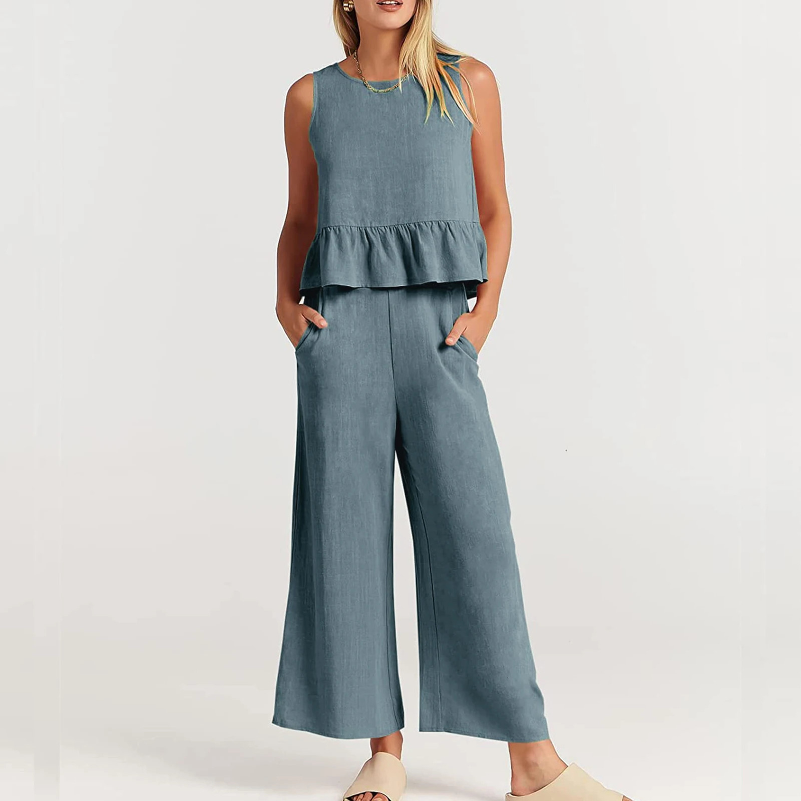 Womens 2piece long pants set with square neckline cotton summer loose fit solid color sleeveless daily clothing 250225