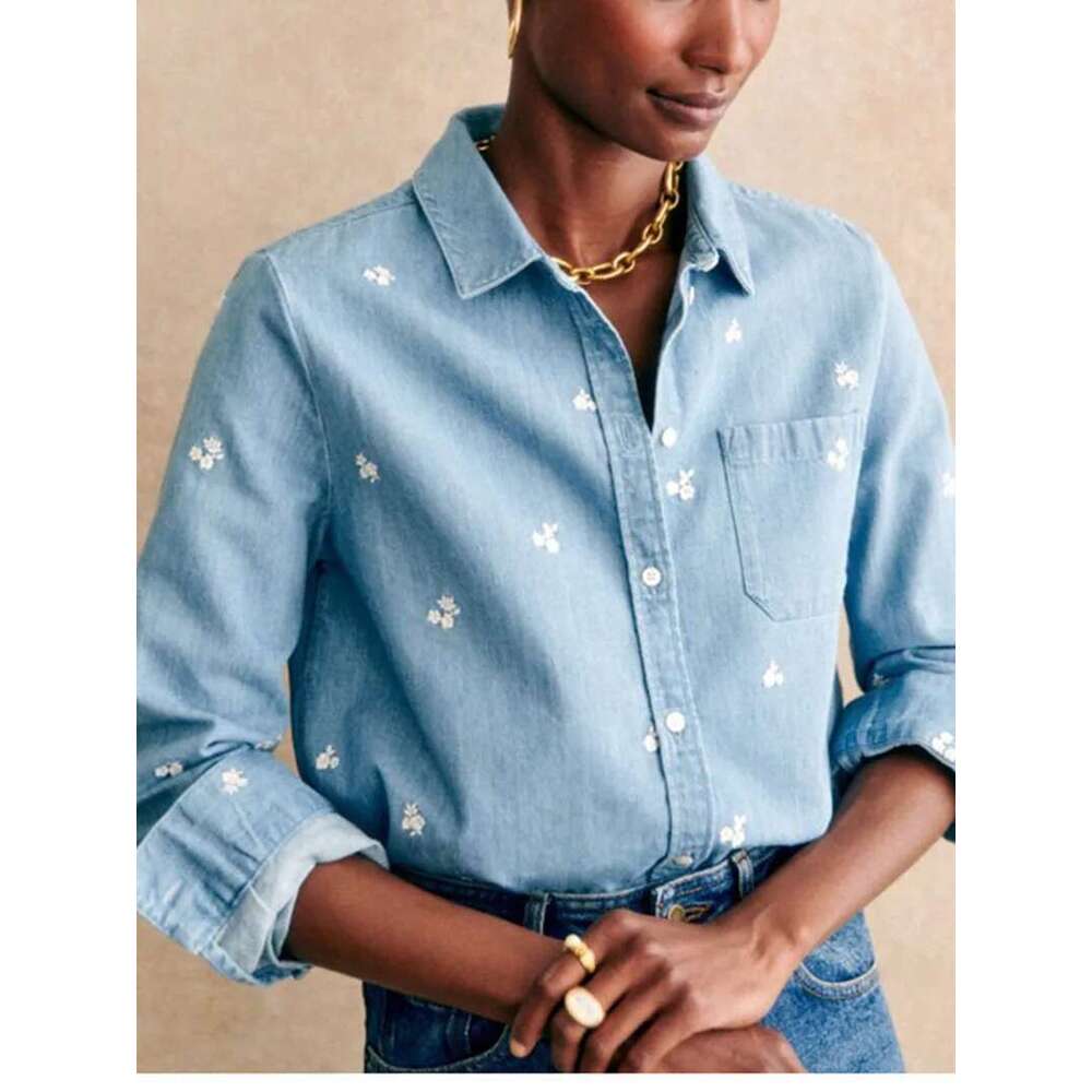 Women's French Wers Embroidery Denim Shirt Turn-Down Collar Fresh Ladies Long-Sleeved Blouse 2025 Spring New