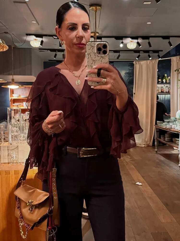 Spring Bury Layer Ruffles Shirts For Woman Casual V Neck Full Sleeve Loose Blouse New Female High Street Office Outfits 2025