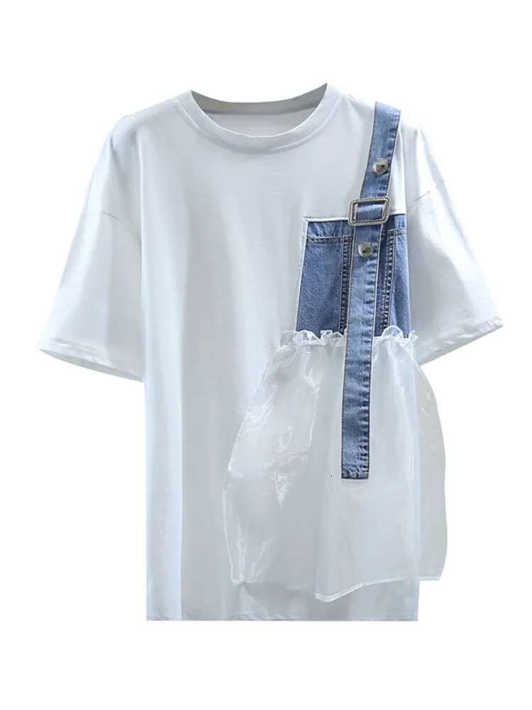 Spring Summer New Design Fashion Short Sleeve O-Neck T-Shirt Women's Denim Patchwork All-Match Black White Lades Tops