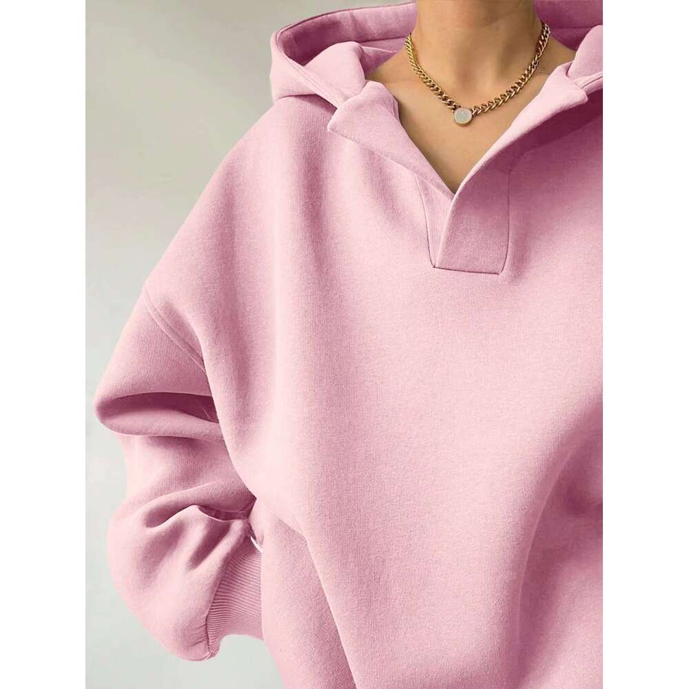 New Autumn Winter Women's Sportswear Veet Hooded Casual Loose Solid Color Hoodies V Neck Long Sleeve Sweatshirt