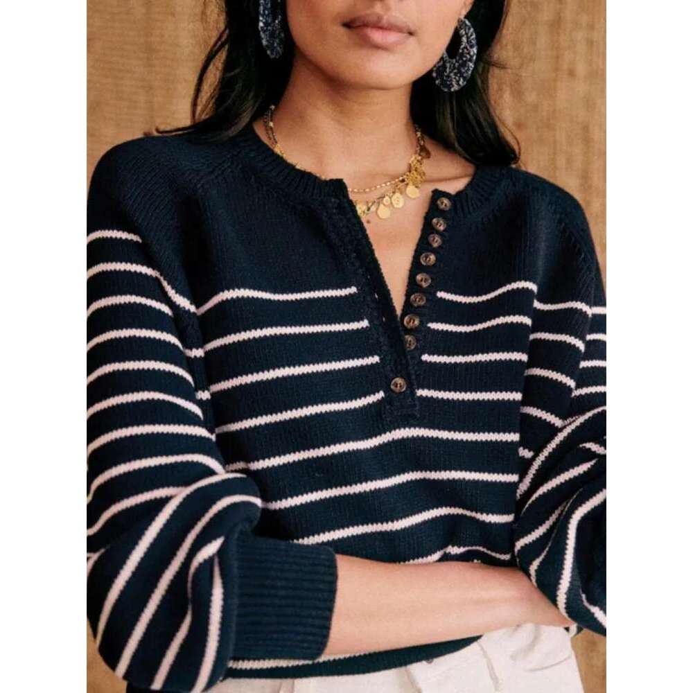 Women Striped Sweater Single Breasted Round Neck Cotton Half Open Collar Buttons 2025 Spring Female Long Sleeve Retro Pullover