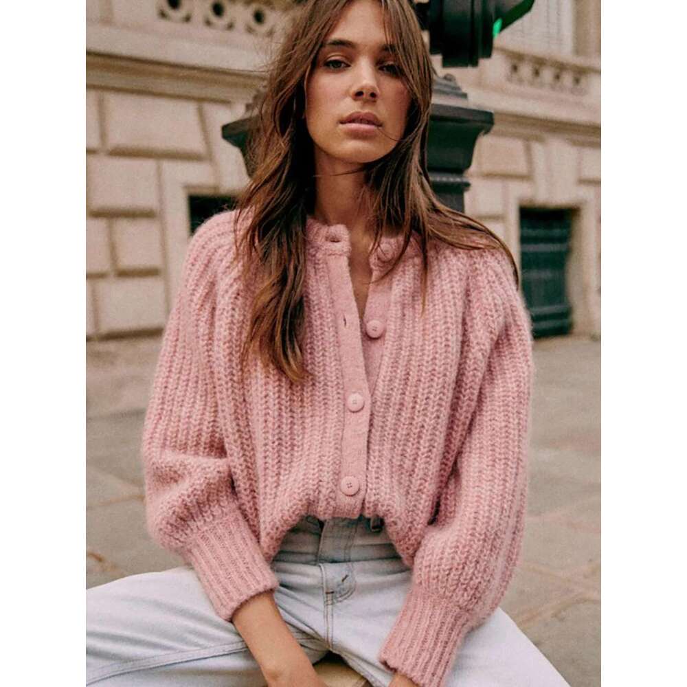 Solid Color Chunky Jacquard Knit Cardigan O-Neck Long Sleeve Button Female Sweater Casual Cozy Ladies Tops 2025