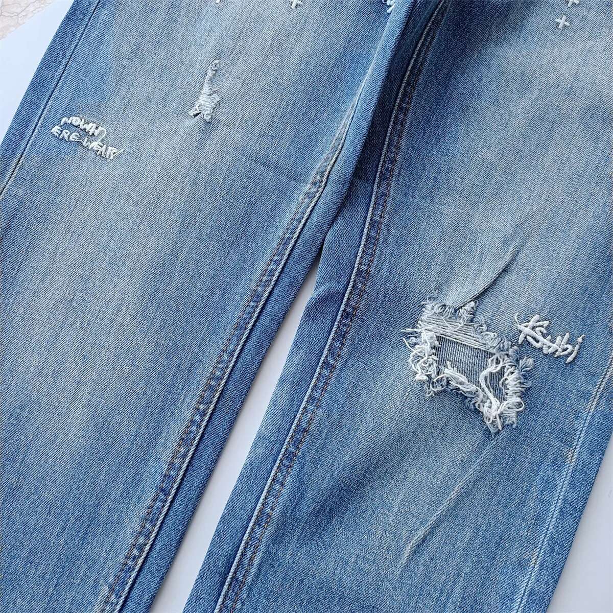 American High Street KSUBI Cross Jeans Men Fashion Brand Retro Wash Blue Hole Patch Daily Casual Low Rise Elastic Straight Pants
