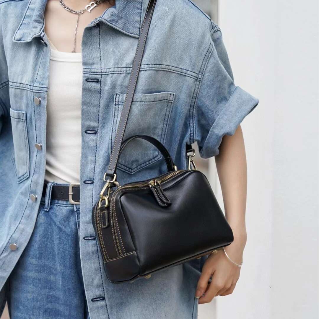 Vintage Genuine Leather Wide Strap Crossbody Shoulder Bags For Women Trend Designer Boston Tote Ladies Handbags