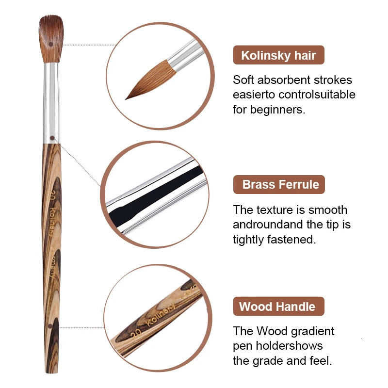 Prue Kolinsky Acrylic Nail Brush Oval Round Head Spliced Wood Handle Professional Salon Quality for Acrylic Powder Size 8-20# 250304