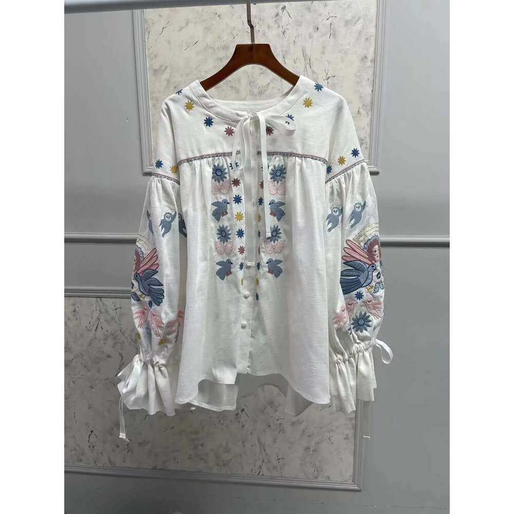 Women 100% En Casual Blouse Early Autumn Single Breasted Lace-Up O-Neck Lantern Sleeve Ladies Embroidery White Shirt Top