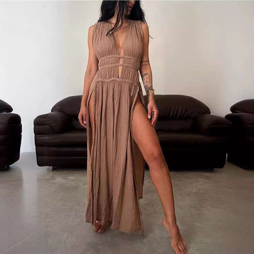 Bohemian style en blend sleeveless braided belt with hollowed out slit long skirt, 2025 new casual fashion trend clothing