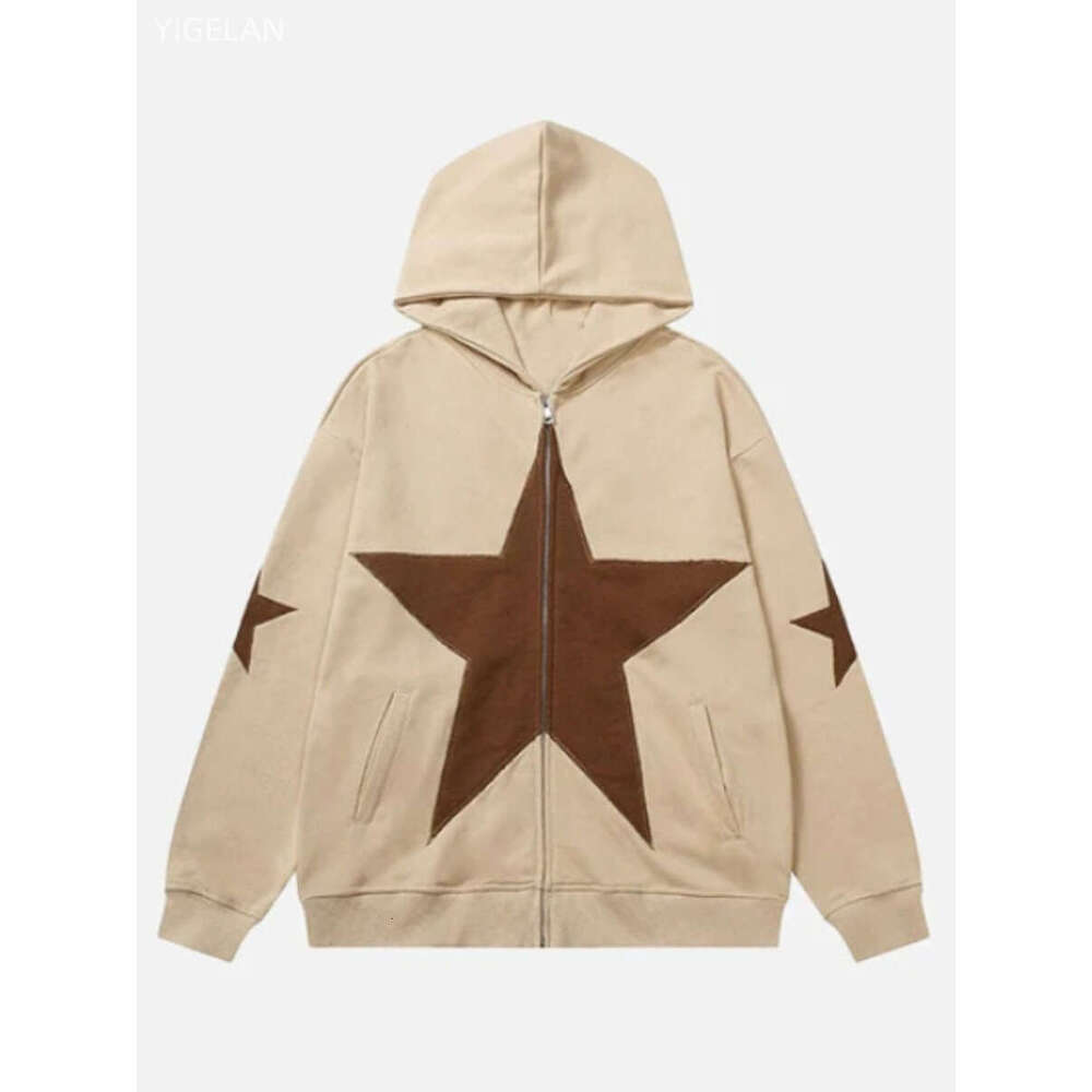 Street oversized loose fitting women's pentagonal star patch embroidered printed hoodie personality zipper sweater men's jacket