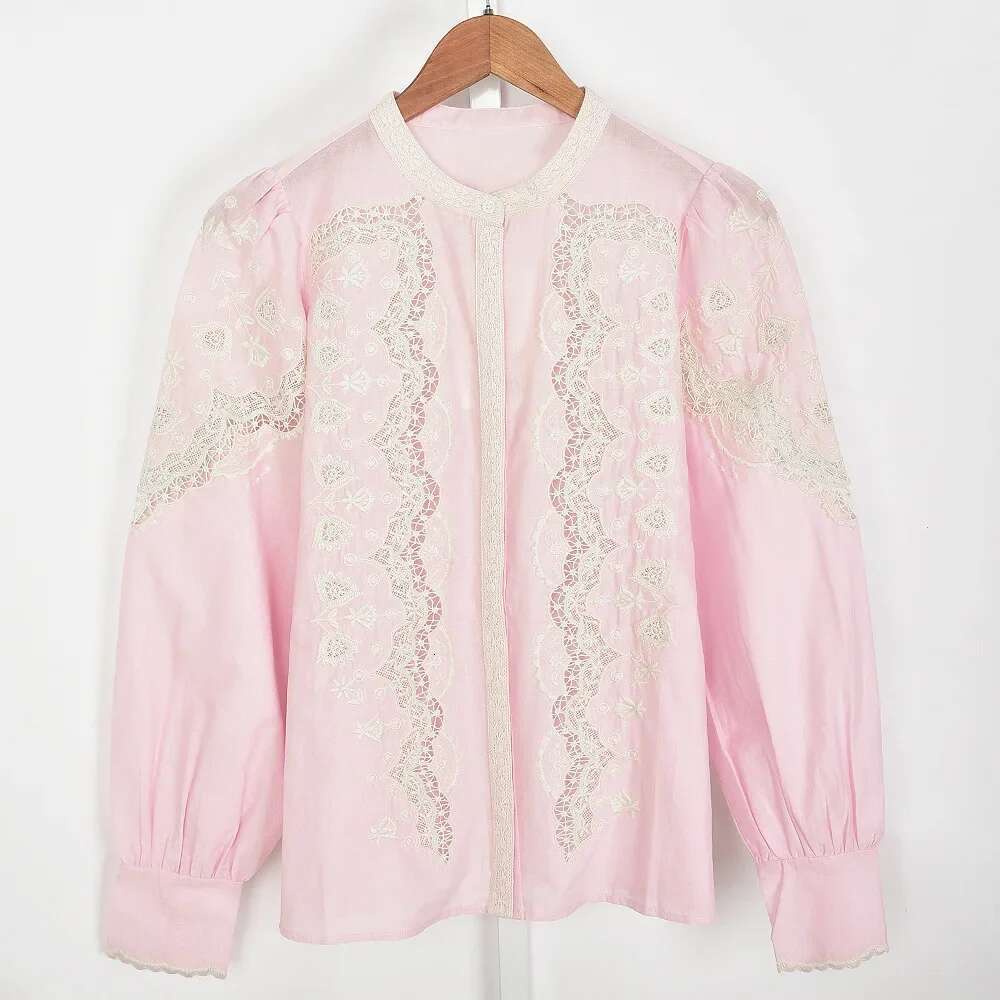 100% Cotton 2025 Spring New Round Neck Lace Embroidery Design Pink Ladies Shirt