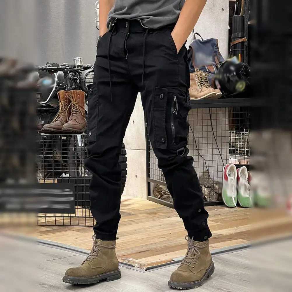 Spring Fall Men Cargo Pants Drawstring Waist Multi Pockets Ankle-banded Solid Color Sport Trousers Daily Wear Outdoor TrainingXJ250303