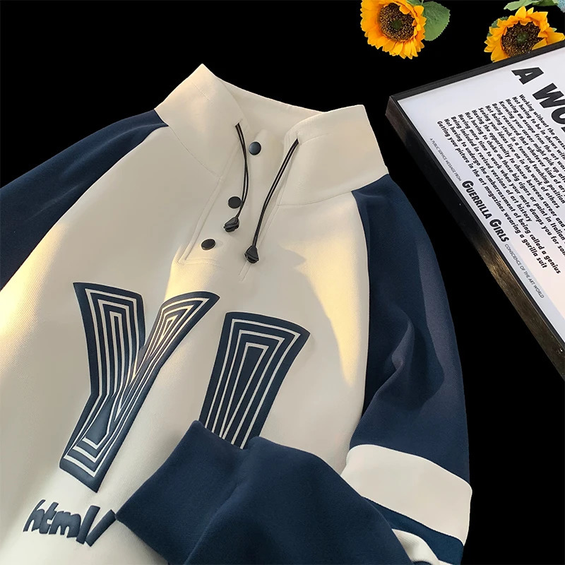 Korean splicing collision sports shirt stand up collar unisex letter bubble printing casual loose pullover 250304