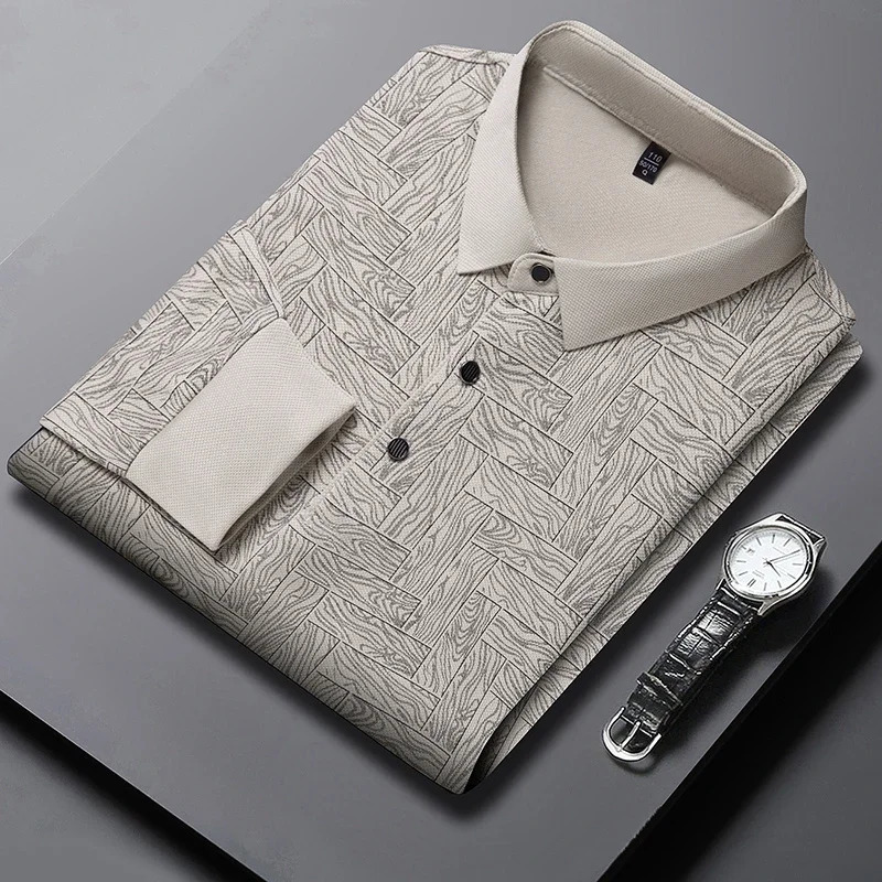Mens Business Casual Long Sleeved Shirt Solid Color Polo Shirt Fashionable Breathable Comfortable Versatile Top 250304